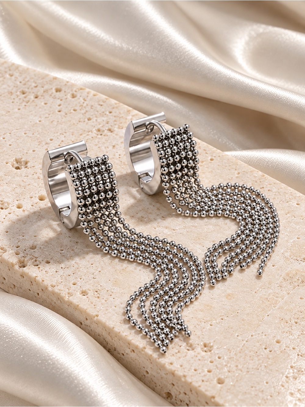 Silver Cascade Fringe Hoop Earrings